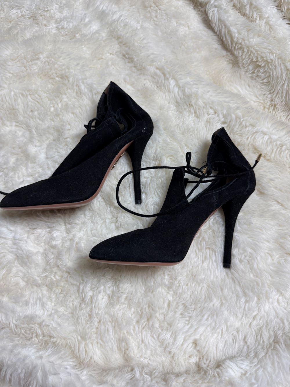 Aquazzura Mayfair black suede lace-up heels size 5.5